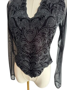 Vintage Y2K Glitter Party Top XS S Black Sheer Mesh Long Sleeve Gothic Glam Edgy